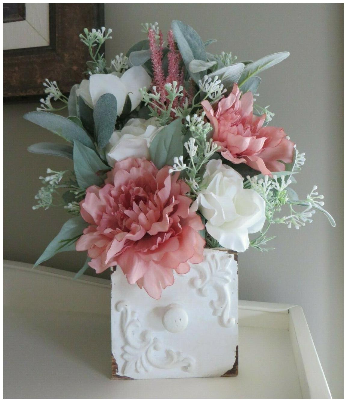 

Floral Arrangement in Decorative White Wooden Planter - Spring Home Decor 268