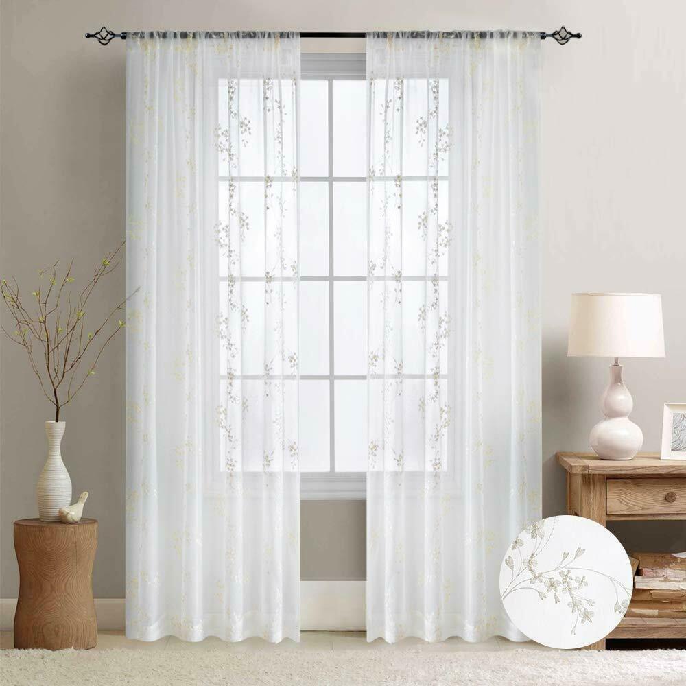

Floral Embroidered Sheer Curtains Semi for Living Room Curtain 2 Panel