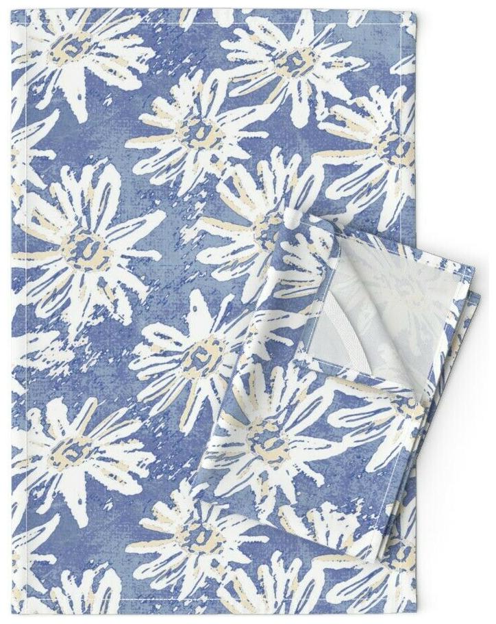 

Floral Retro Style Blue White Linen Cotton Tea Towels by Roostery Set of 2