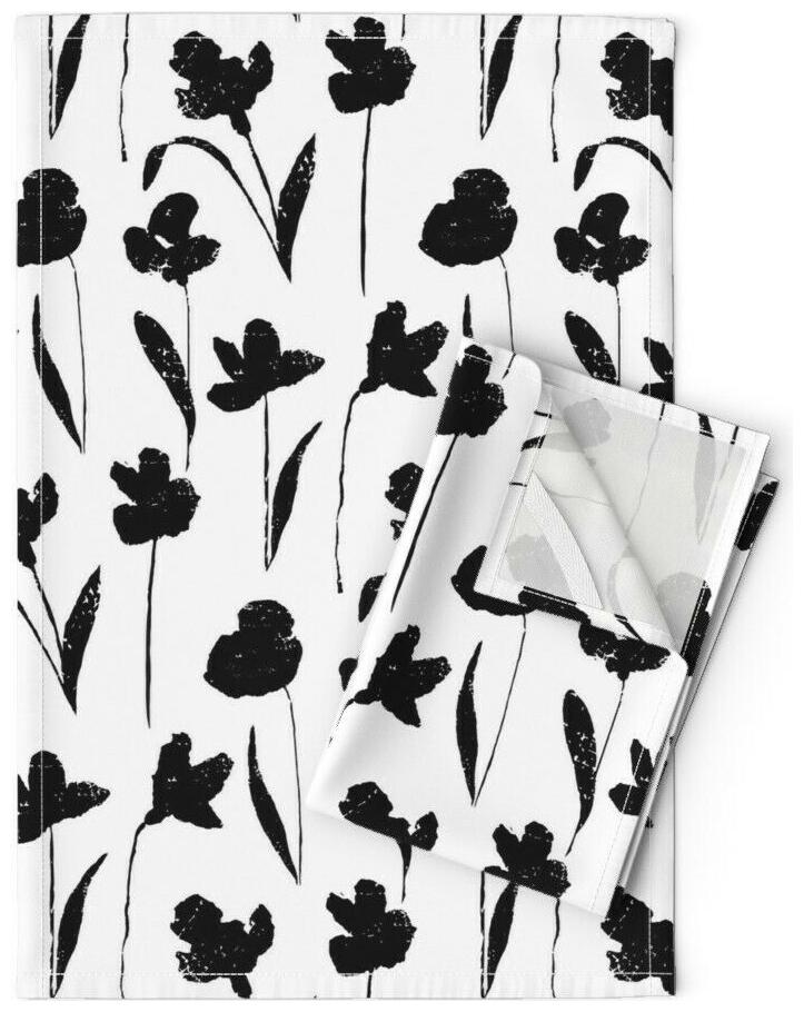 

Floral Silhouette Black And White Linen Cotton Tea Towels by Roostery Set of 2