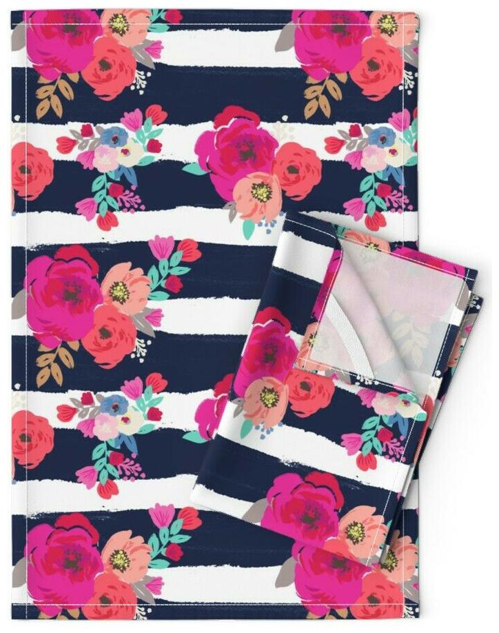 

Floral Stripes Boho Blue White Pink Linen Cotton Tea Towels by Roostery Set of 2