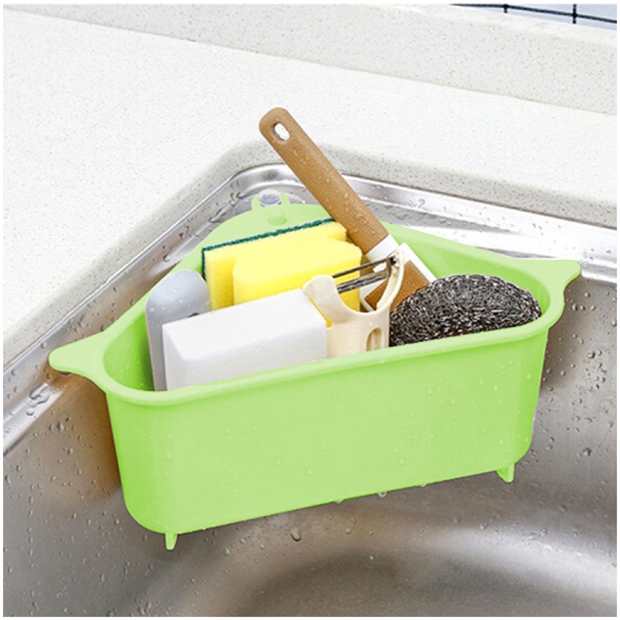 

Floraware Multipurpose Large Sink Storage Basket Washing Vegetables Fruits Bathroom Support Shelf Soap Box Organizer Sink Corner Unbreakable Plastic (Green)