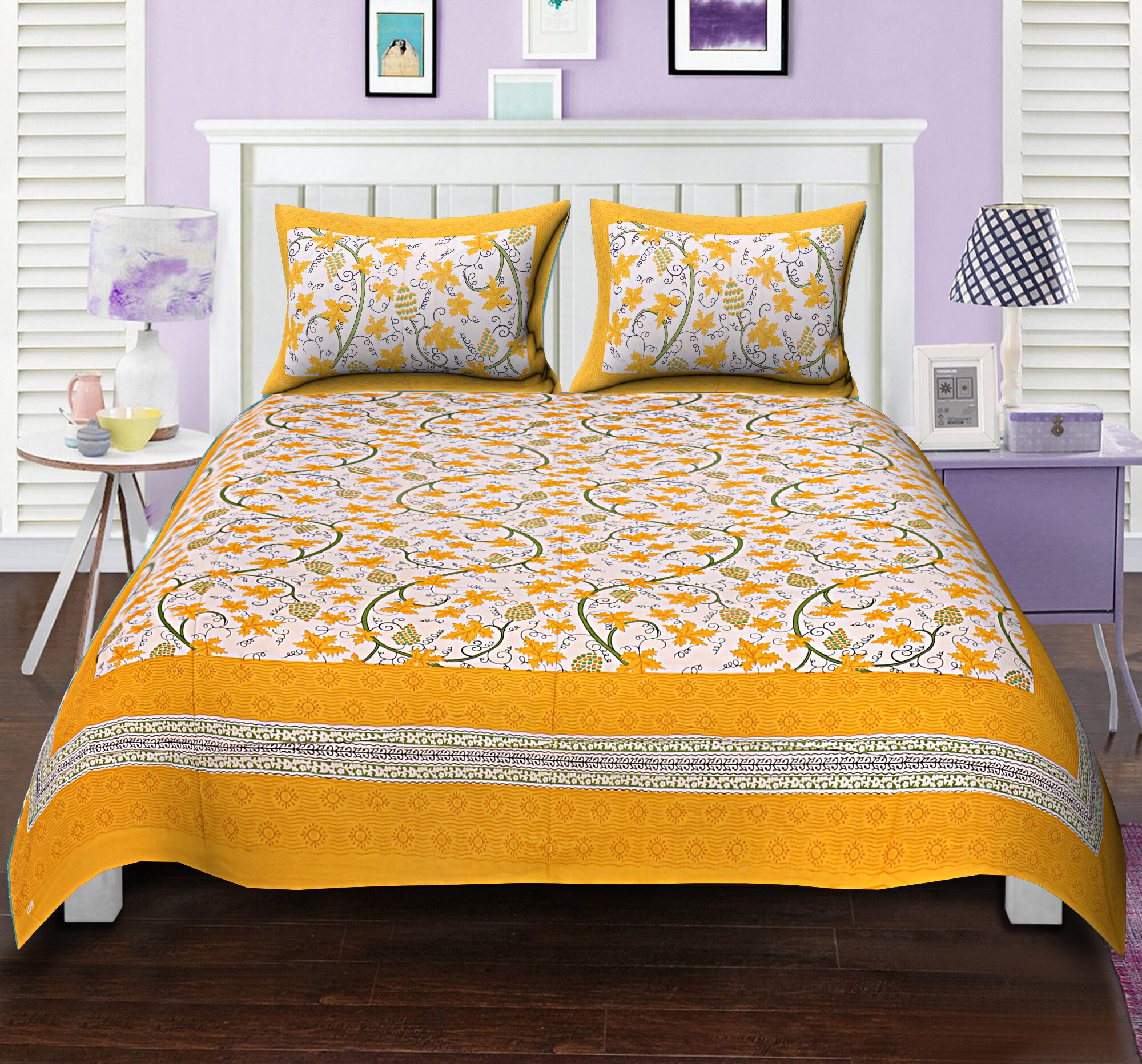 

FLORENCE CRAFT Cotton Floral Double Size Bedsheet ( 1 Bedsheet With 2 Pillow Covers Yellow White )