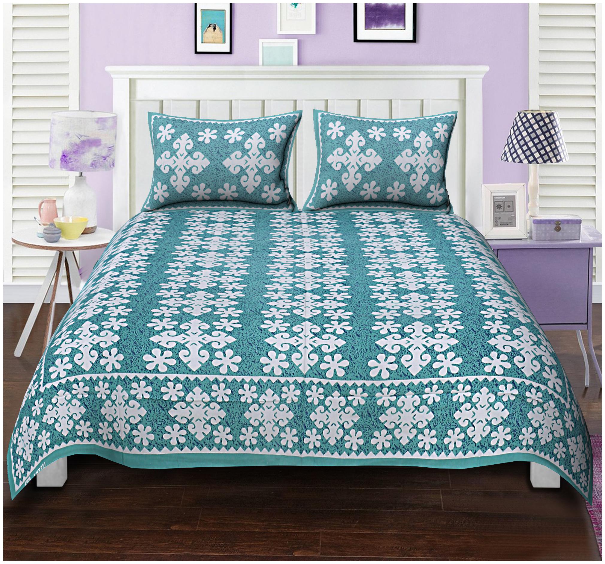 

FLORENCE CRAFT Cotton Floral Double Size Bedsheet ( 1 Bedsheet With 2 Pillow Covers White Blue )