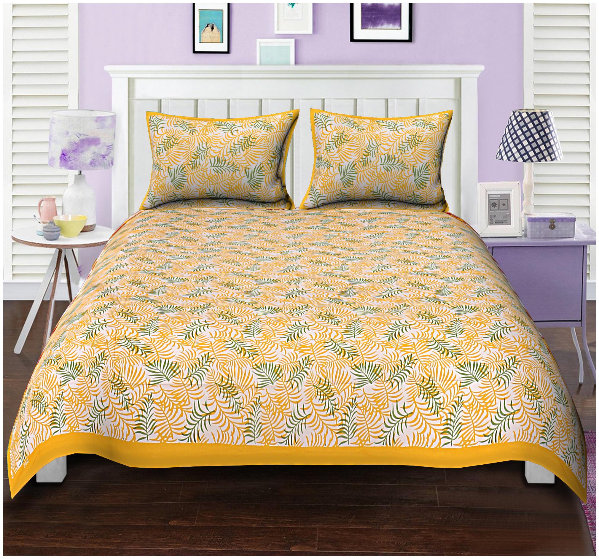 

FLORENCE CRAFT Cotton Printed Double Size Bedsheet ( 1 Bedsheet With 2 Pillow Covers Yellow White )