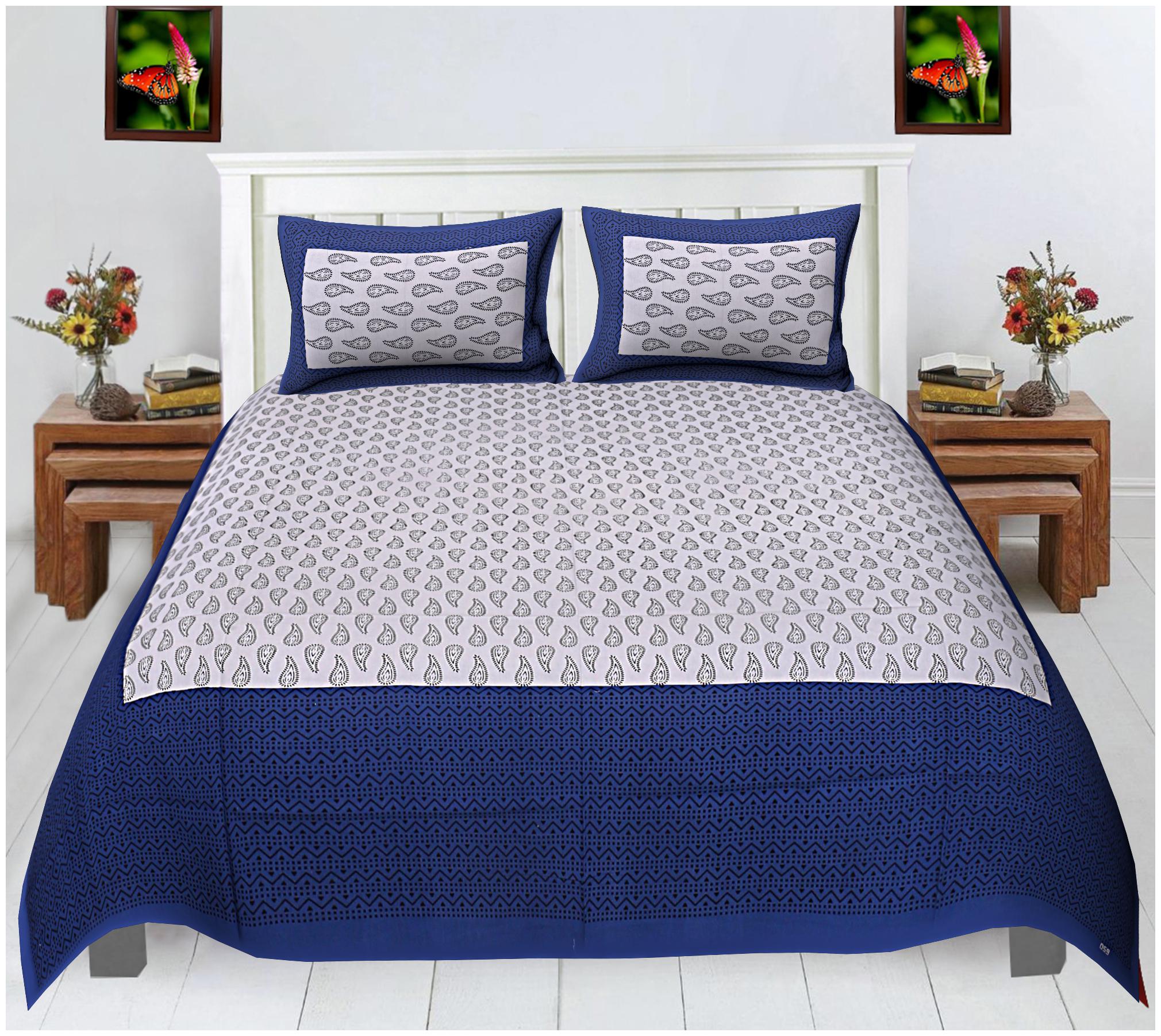 

FLORENCE CRAFT Cotton Printed Double Size Bedsheet ( 1 Bedsheet With 2 Pillow Covers Blue White )