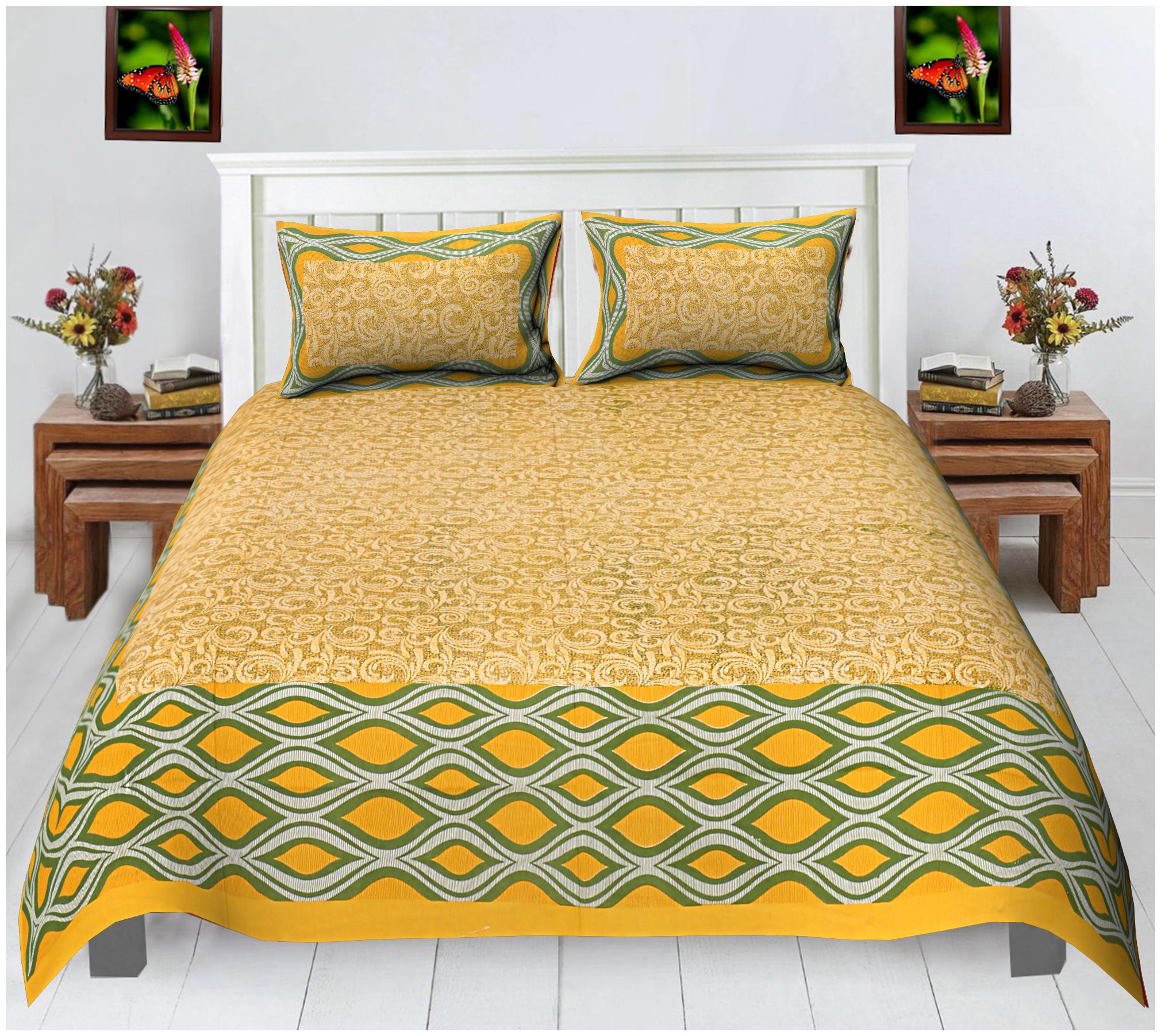 

FLORENCE CRAFT Cotton Printed Double Size Bedsheet ( 1 Bedsheet With 2 Pillow Covers Yellow Green )