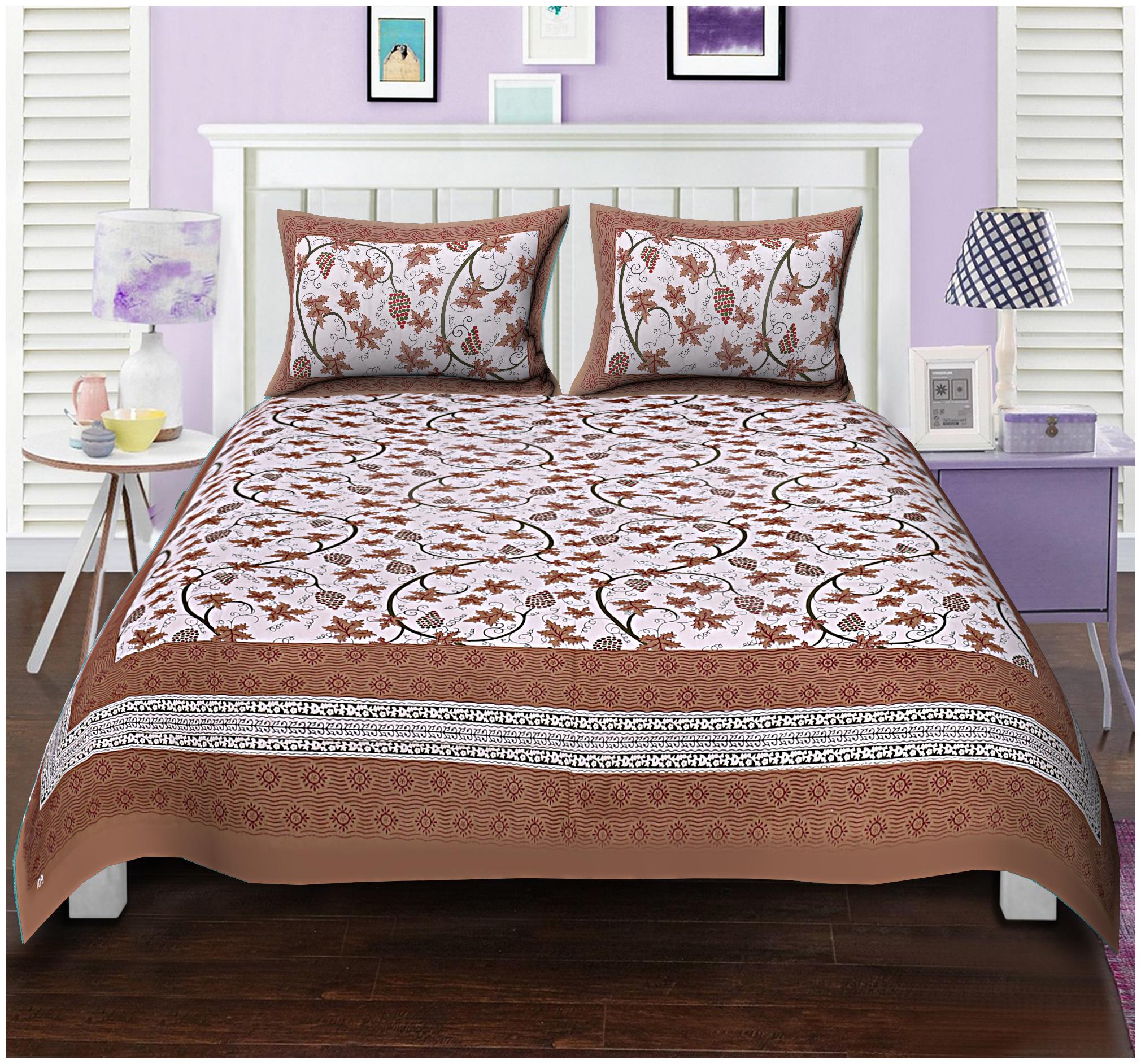 

FLORENCE CRAFT Cotton Floral Double Size Bedsheet ( 1 Bedsheet With 2 Pillow Covers Brown White )