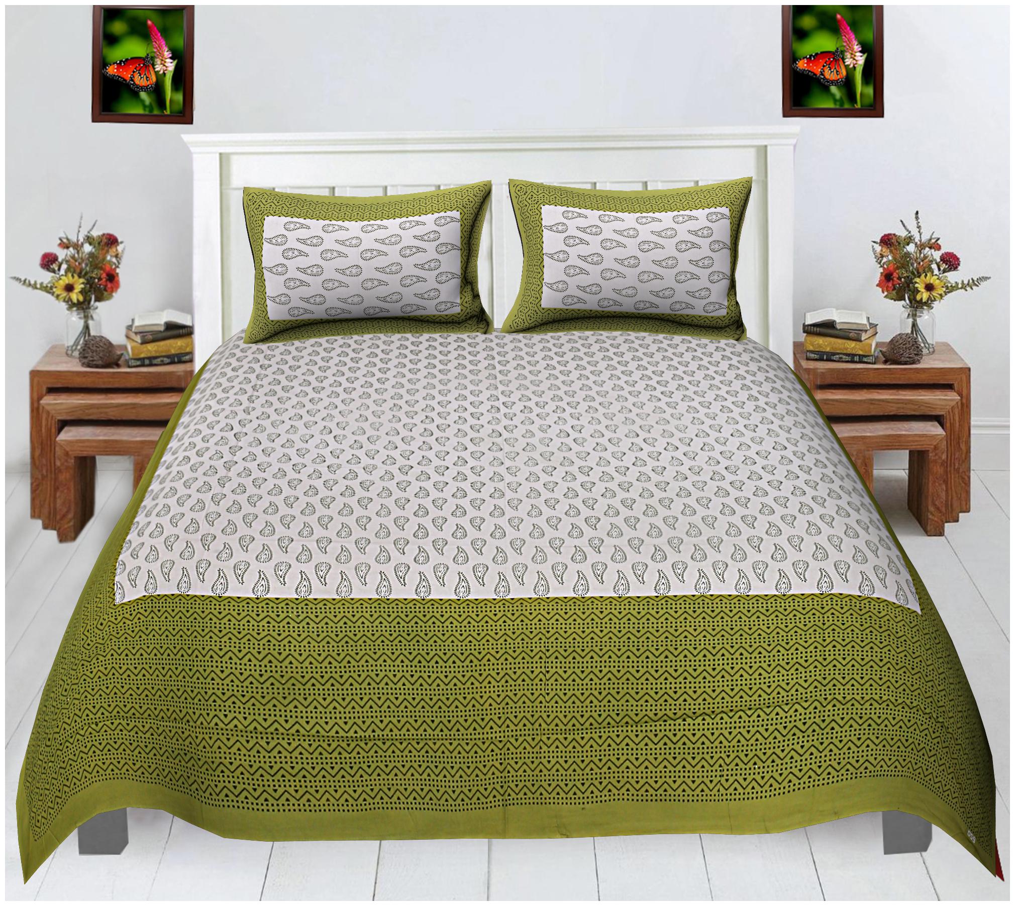 

FLORENCE CRAFT Cotton Printed Double Size Bedsheet ( 1 Bedsheet With 2 Pillow Covers Green White )