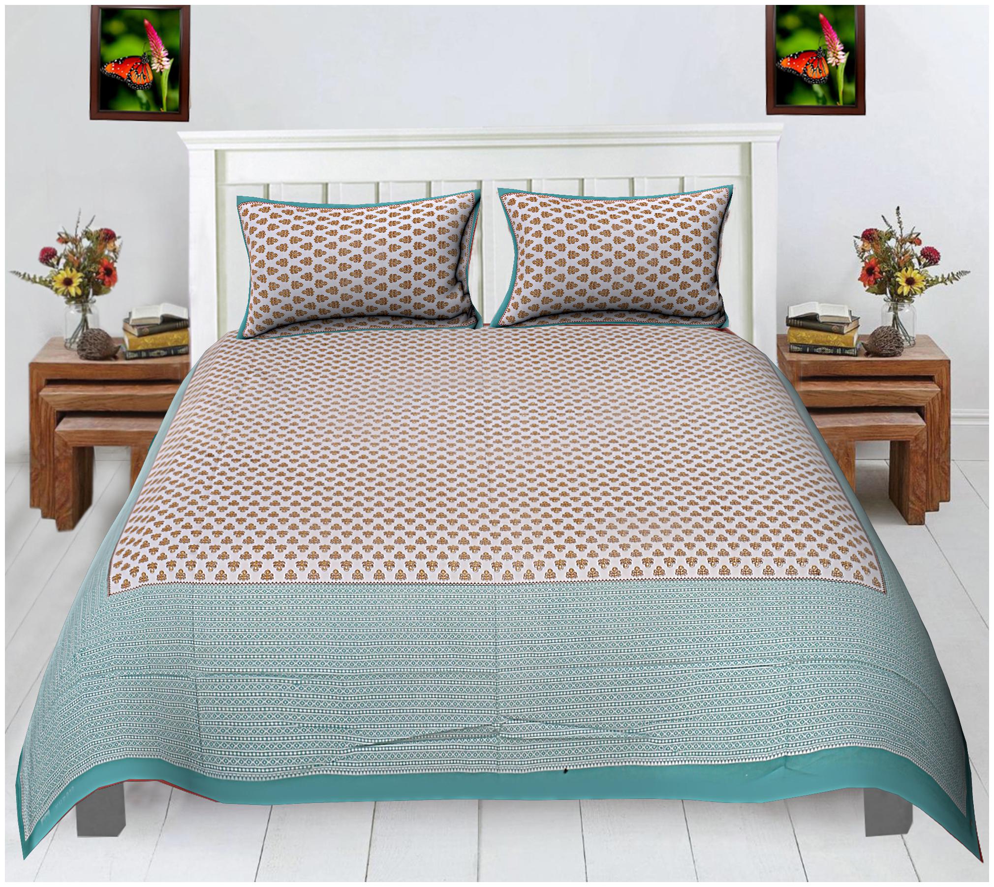 

FLORENCE CRAFT Cotton Printed Double Size Bedsheet ( 1 Bedsheet With 2 Pillow Covers Turquoise Brown )