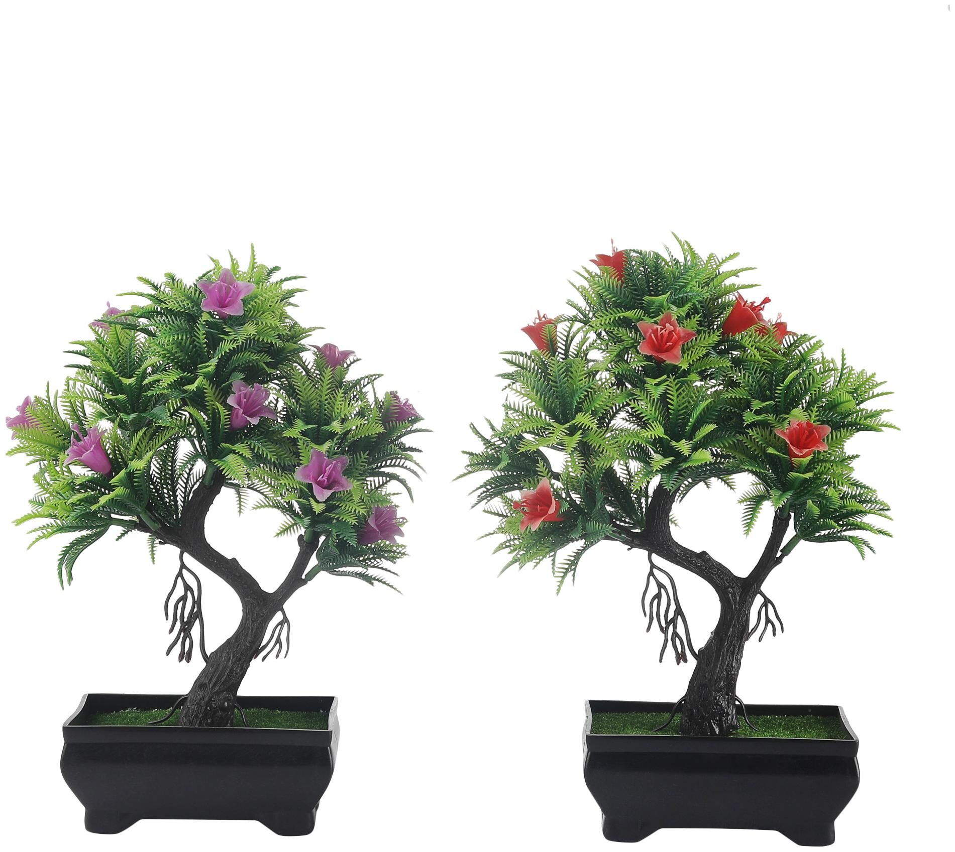 

Foliyaj Combo of 2 Artificial Y Shaped Bonsai Trees with Fern Green Leaves Red and Purple Flowers