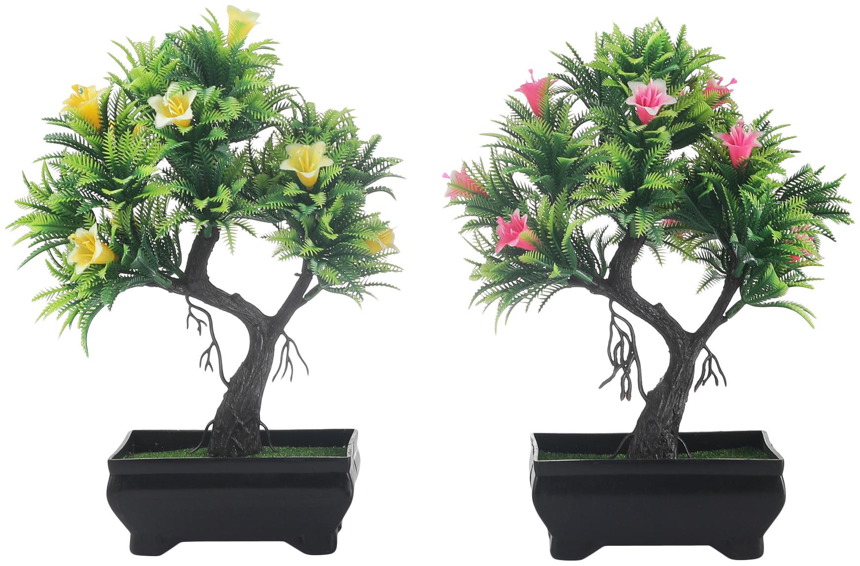 

Foliyaj Combo of 2 Artificial Y Shaped Bonsai Trees with Fern Green Leaves Yellow and Pink Flowers