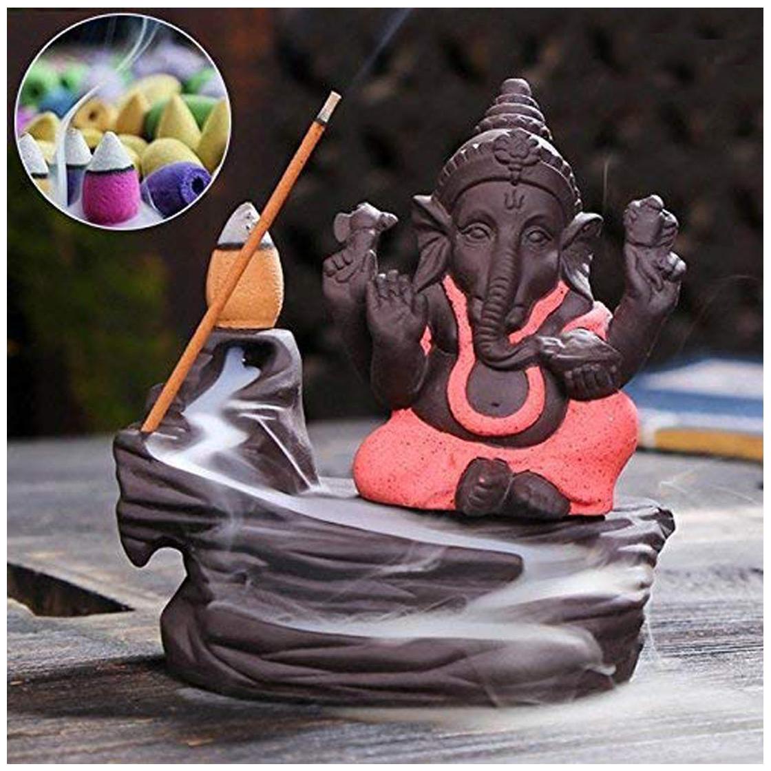 

Fountain Ganesha Smoking Meditating Monk Ganesha Smoke Backflow Incense Holder with 10 Incense Cones
