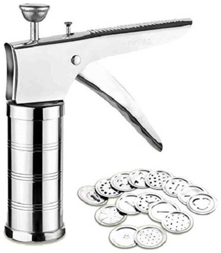 

Frekich Kitchen Press Grater Cookies Indian Snakes Murukku Maker Farsan Sev Maker with Different Types of 15 SS Jaalis (Regular)