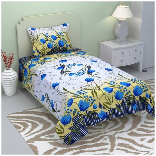 Fresh From Loom Cotton Floral Single Size Bedsheet 104 TC ( 1 Bedsheet With 1 Pillow Covers , Blue )