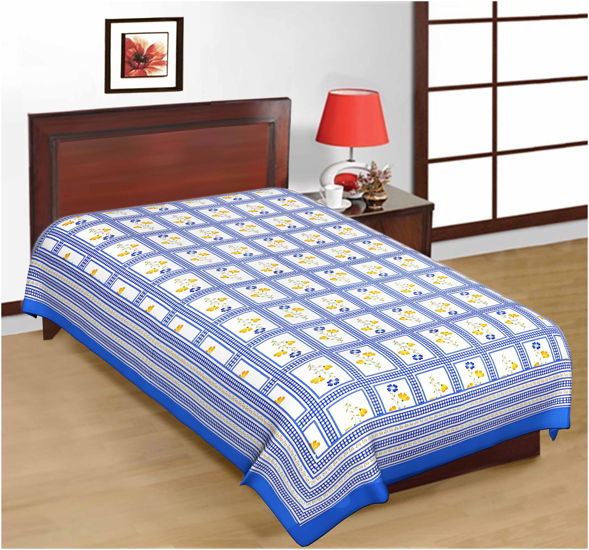 

FrionKandy Cotton Floral Single Size Bedsheet ( 1 Bedsheet Without Pillow Covers Blue )