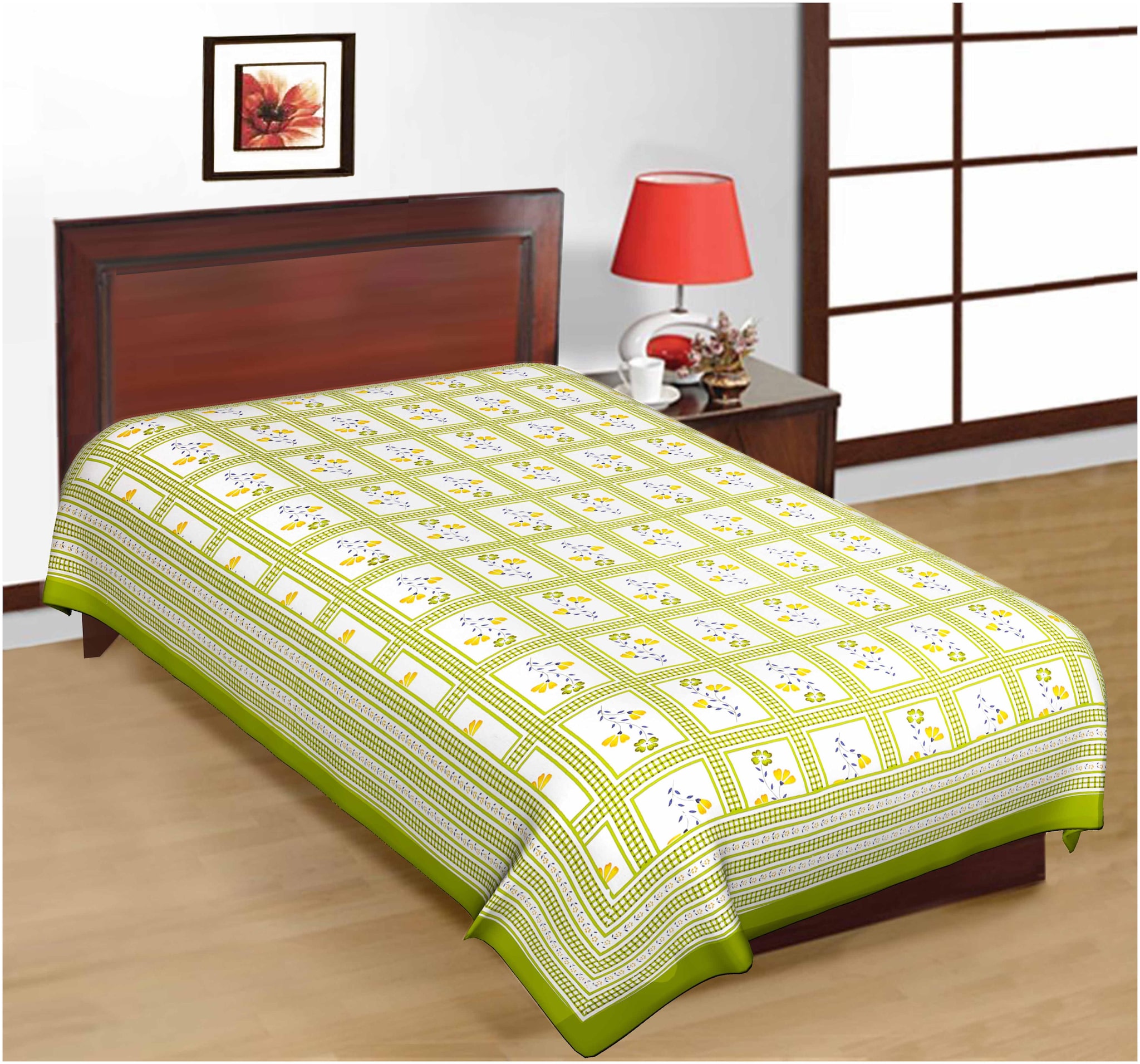 

FrionKandy Cotton Floral Single Size Bedsheet ( 1 Bedsheet Without Pillow Covers Green )