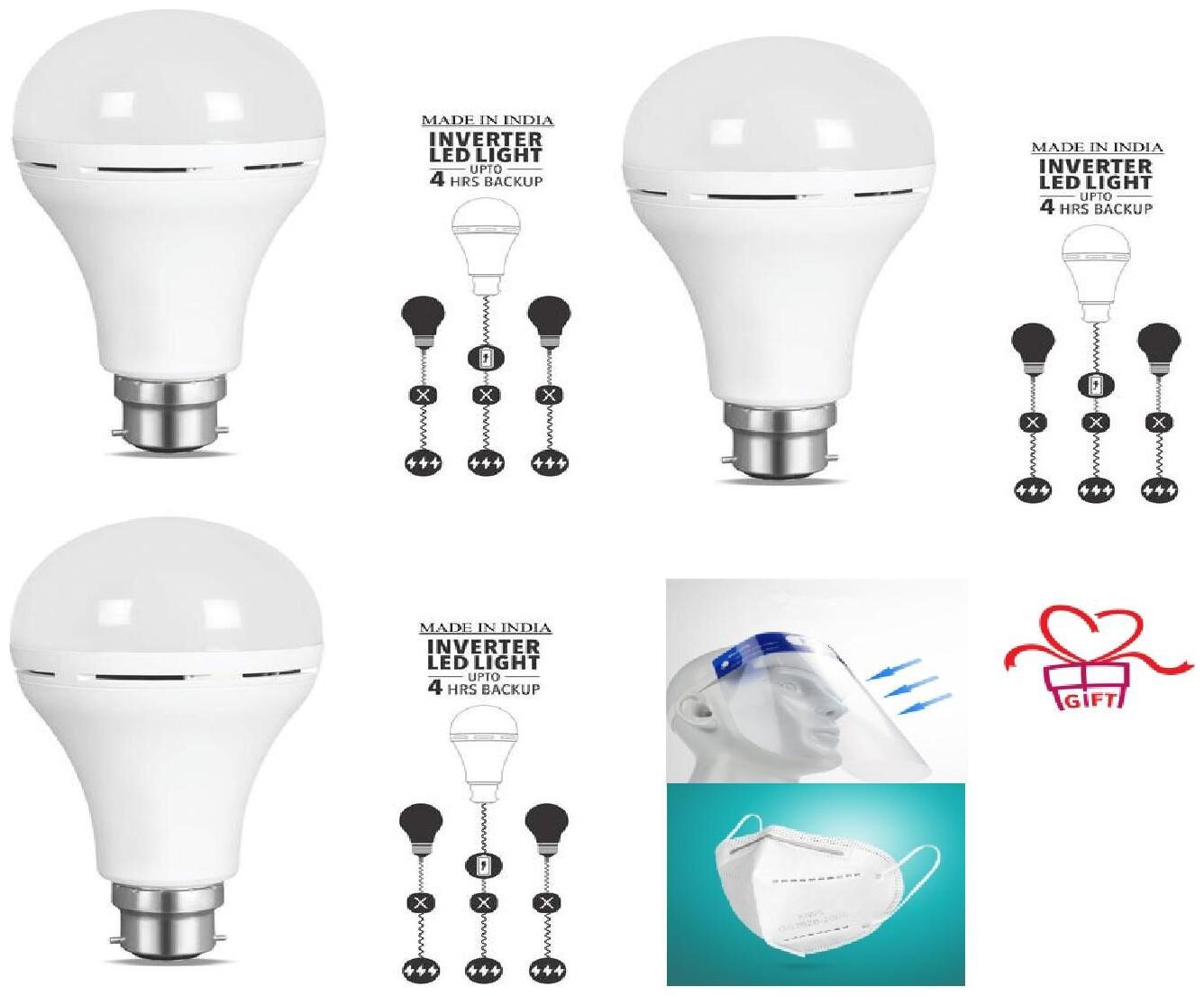 

G Gapfill 9W High Quality Ac Dc Rechargeable Emergency Inverter Led Bulb ( Pack Of 3) With Free Face Shield And Mask