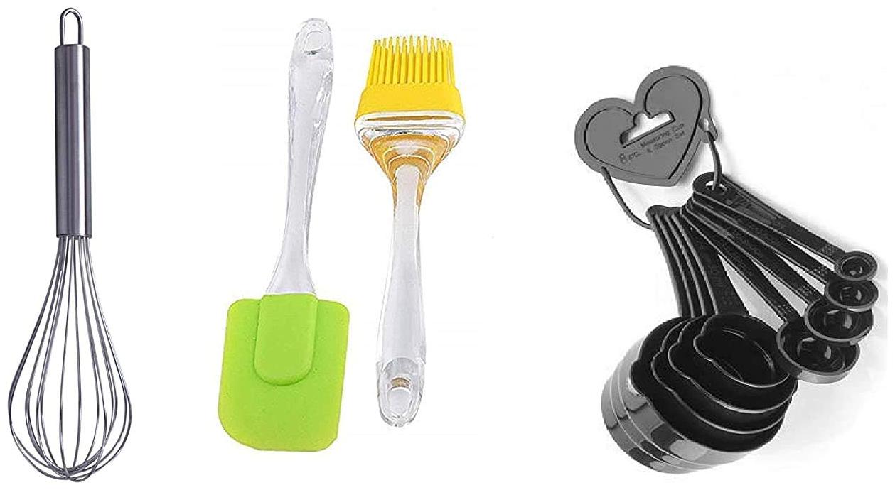 

Gapfill Baking Tools Combo of 2 Pieces Silicon Spatula-Brush Set 1 Stainless Steel Egg Beater Whisker and 8 Pieces Measuring Cup Spoon Set for Cake Pastry (Multicolour)
