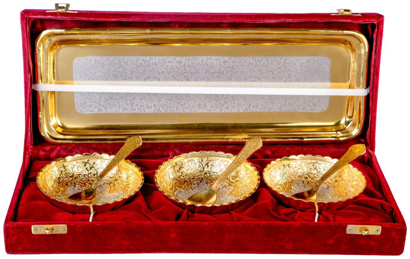 

German Gold Bowl Set With Embossed Tray And 2 Spoon 300 ml Each Bowl Full Brass With Red Velvet Box (Set of 7 Pieces)