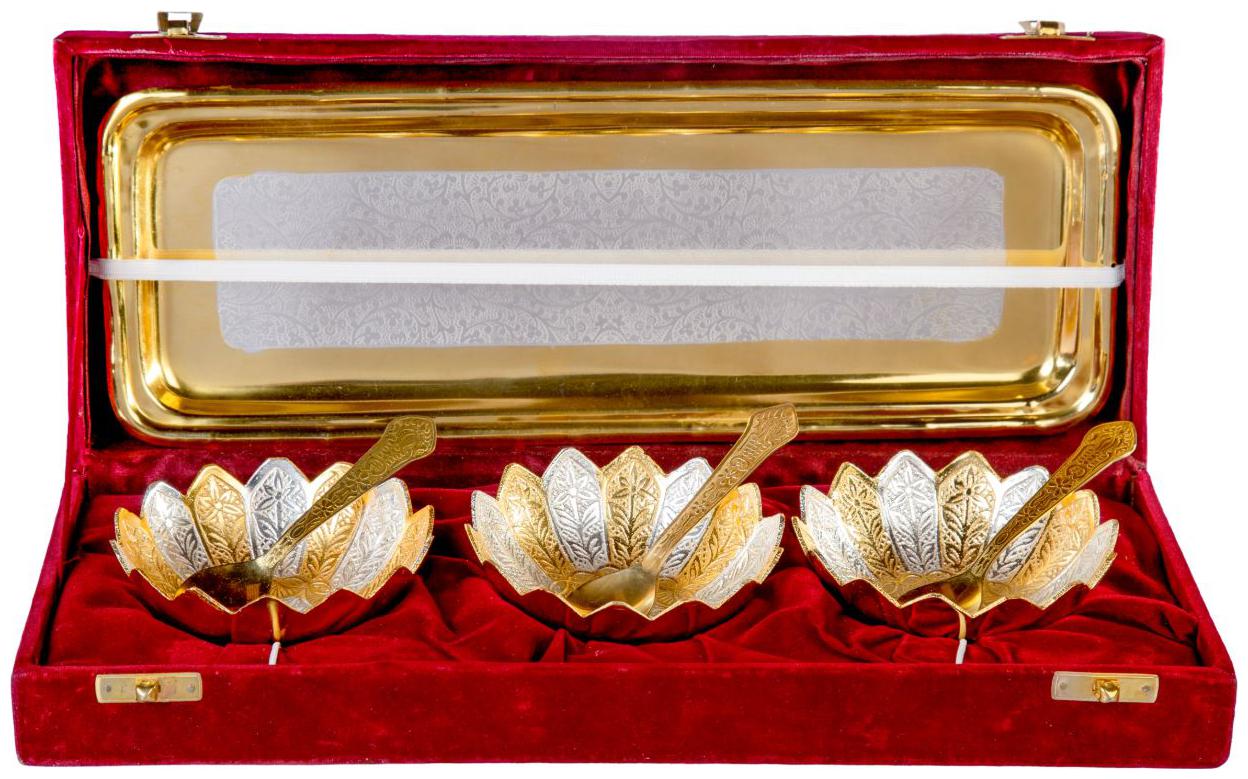 

German Gold Lotus Bowl Set With Embossed Tray And 2 Spoon 300 ml Each Bowl Full Brass With Red Velvet Box (Set of 7 Pieces)