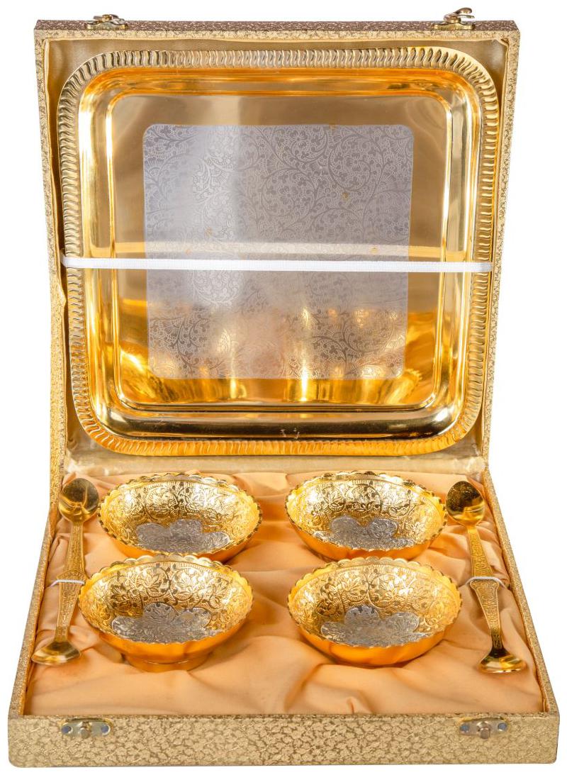 

German Gold Bowl Set With Embossed Tray And 2 Spoon 300 ml Each Bowl Full Brass With Golden Box (Set of 9 pcs)