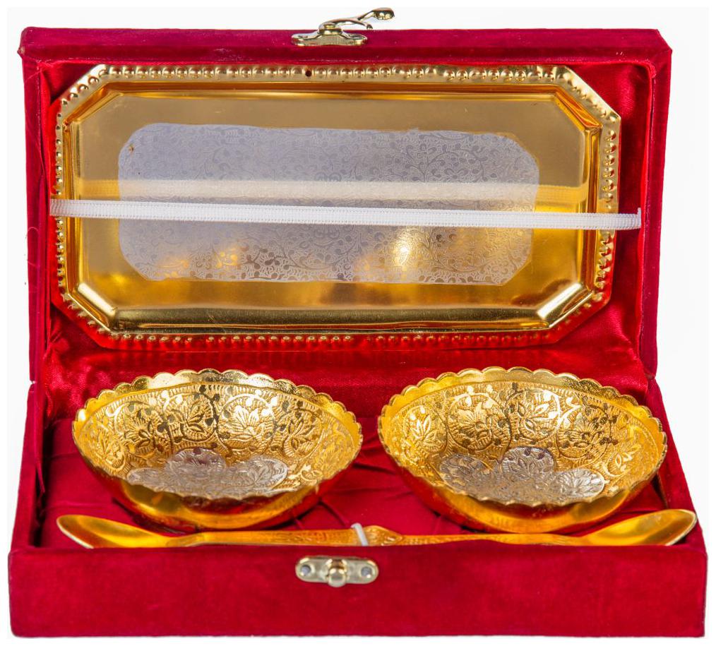 

German Gold Round Bowl Set With Embossed Tray And 2 Spoon 4 inch Each Bowl Full Brass With Golden Box (Set of 5 Pieces)