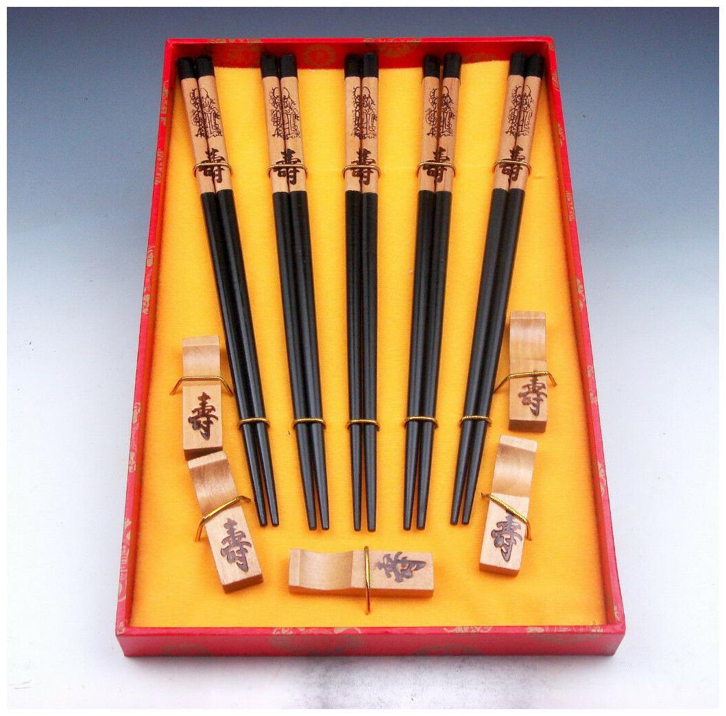 

Gift Set 5 Pairs Long-Life SHOU Painted Wooden Chopsticks w 5 Longevity Holders