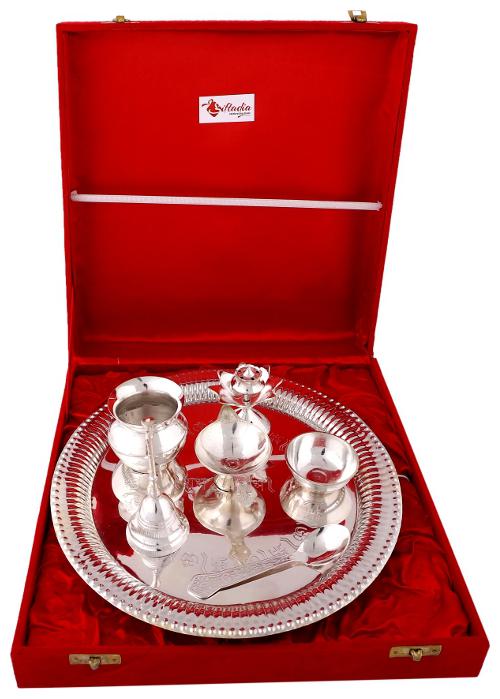 

Giftadia Silver Plated Brass 7 pcs Pooja Set (Om Shubh Labh Engraved Thali) Gifted in Elegant Velvet Box