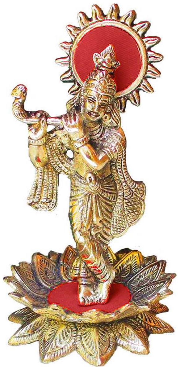 

Maalgodam Metal Antique Gold Lotus Lord Krishna Idol With Flute Puja Vastu Showpiece For Home Decor Gift Item