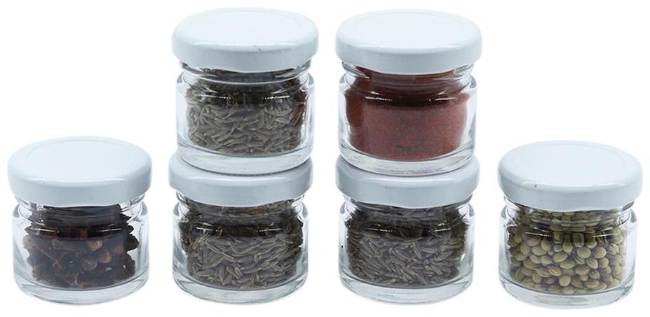 

Glazzure Cute 30 ml Airtight Glass Jar Containers for Honey Spices other Kitchen Items with Rust Proof White Caps Set of 6 pcs