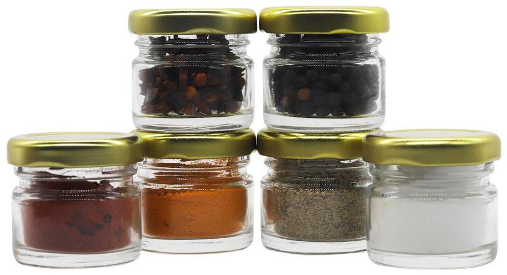 

Glazzure Cute 30 ml Airtight Glass Jar Containers for Honey Spices other Kitchen Items with Rust Proof Golden Color Caps Set of 6 pcs