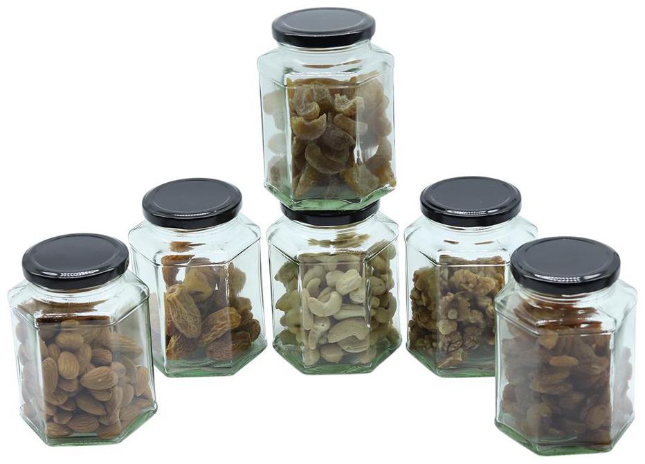 

Glazzure Strong Durable 200 ml Hexagon Glass Jar Containers for Honey Dry Fruits Grains Set of 6 pcs