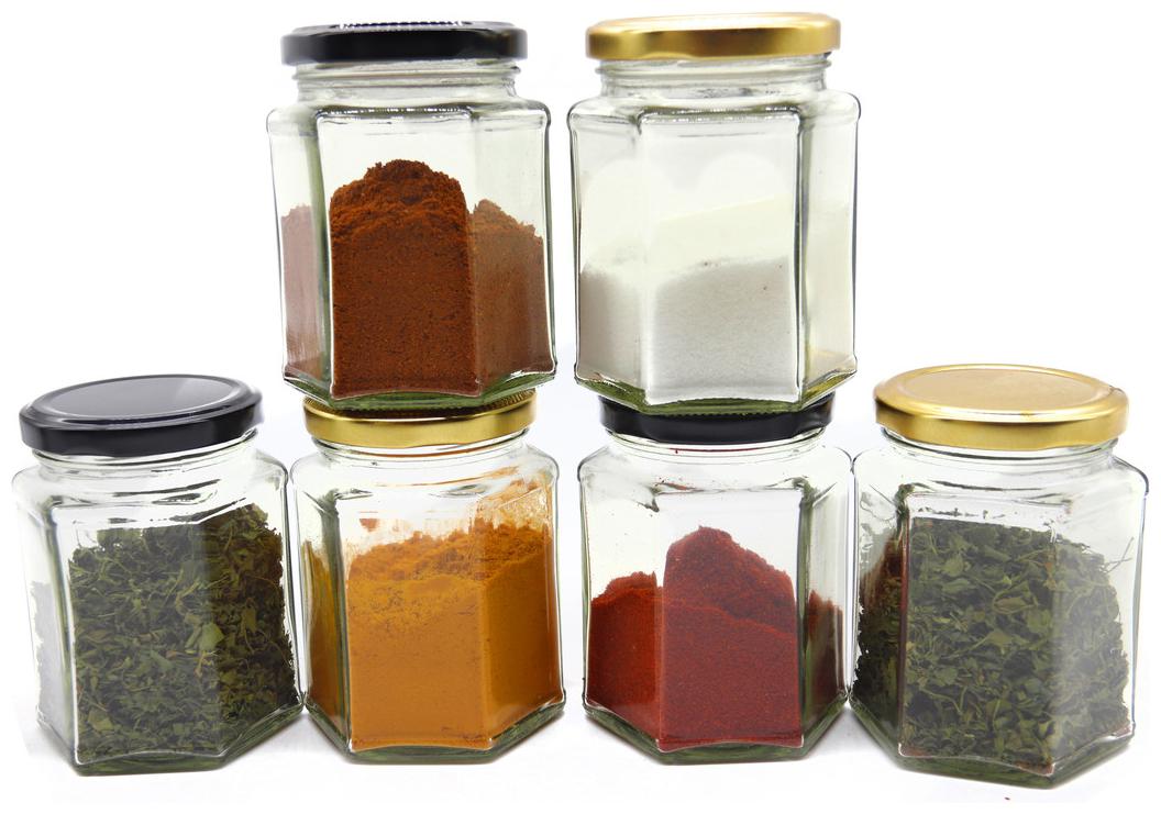 

Glazzure Strong And Durable 250 ml Hexagon Glass Jar Containers for Honey Dry Fruits Grains Pickles Jams And other Kitchen Items with Rust Proof And Airtight caps Set of 6
