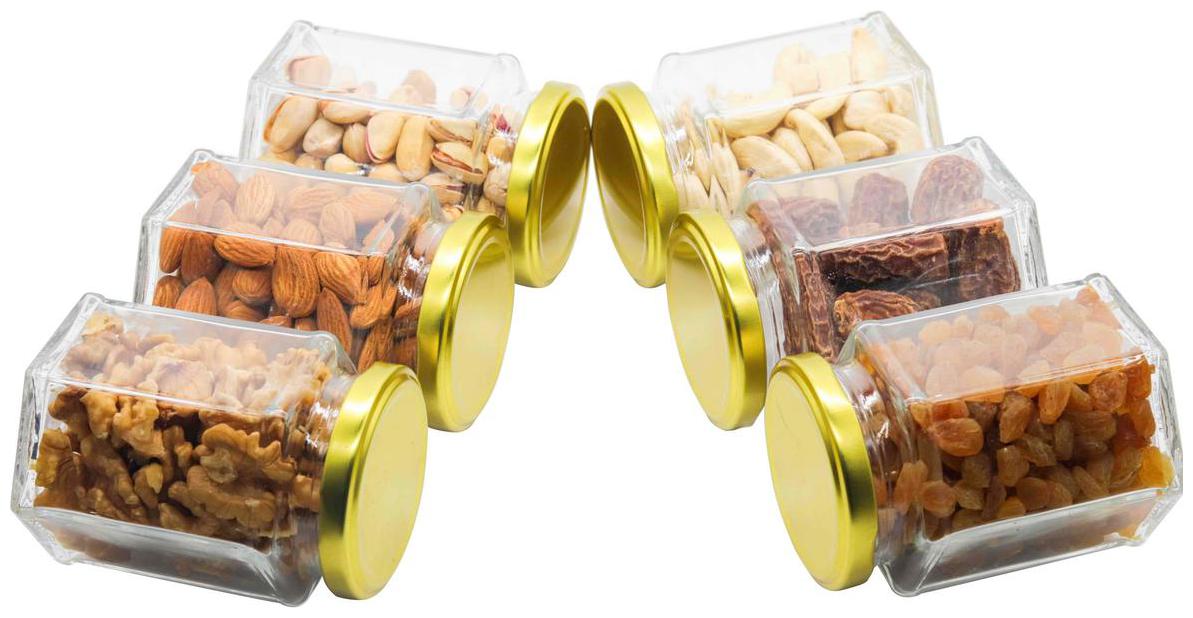 

Glazzure Strong Durable 200 ml Hexagon Glass Jar Containers for Honey Dry Fruits Grains Pickles Set of 6 pcs