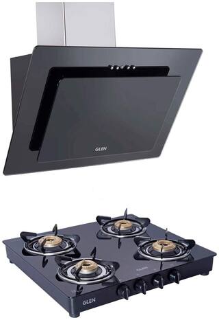 Glen Black Glass Kitchen Chimney 6079 1000 60cm + Glen 4 Burner Gas Stove 1043 GT Brass Burner Black Cooktop