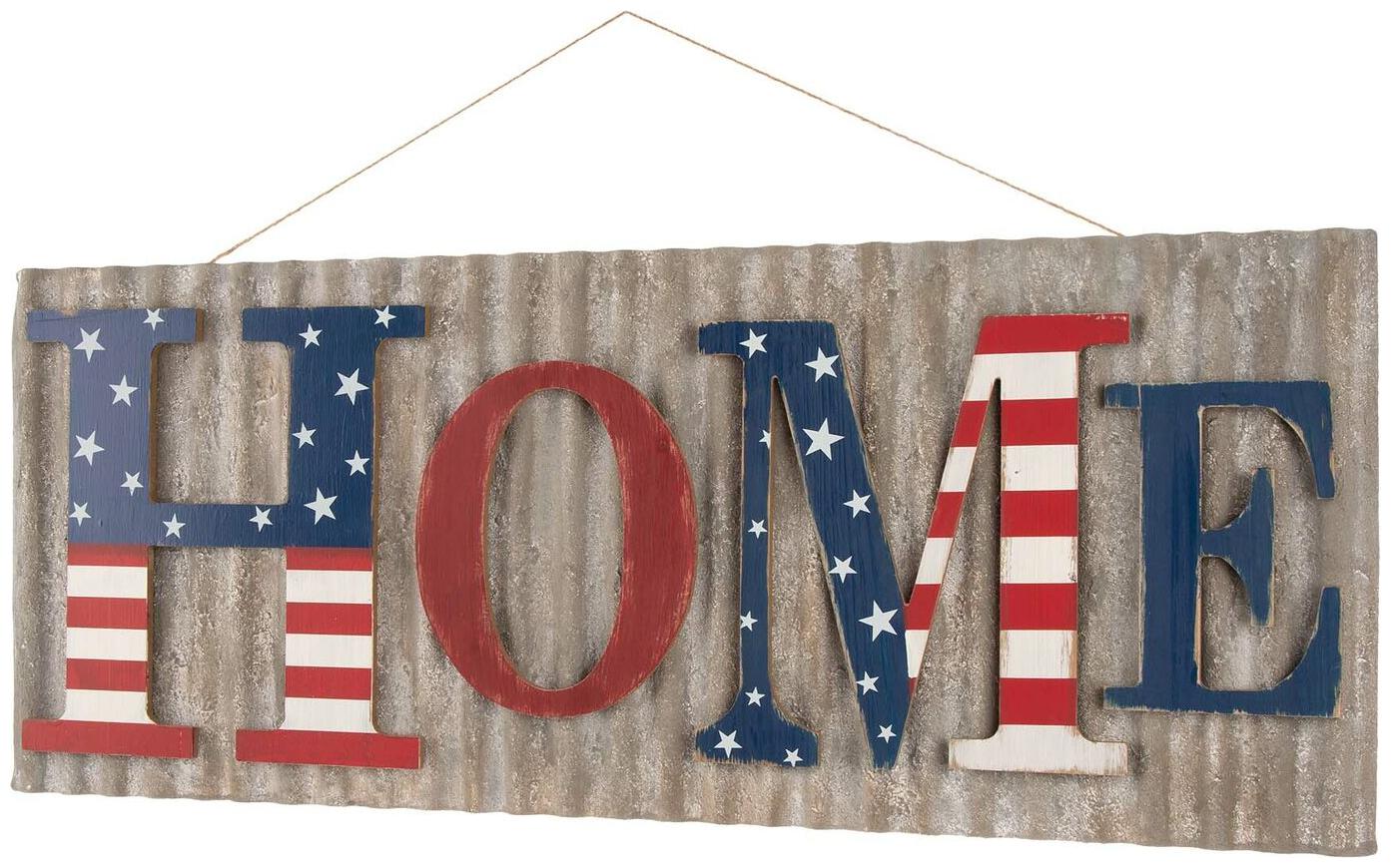 

Glitzhome Metal Wood Patriotic America HOME Wall Hanging Sign Holiday Door Decor