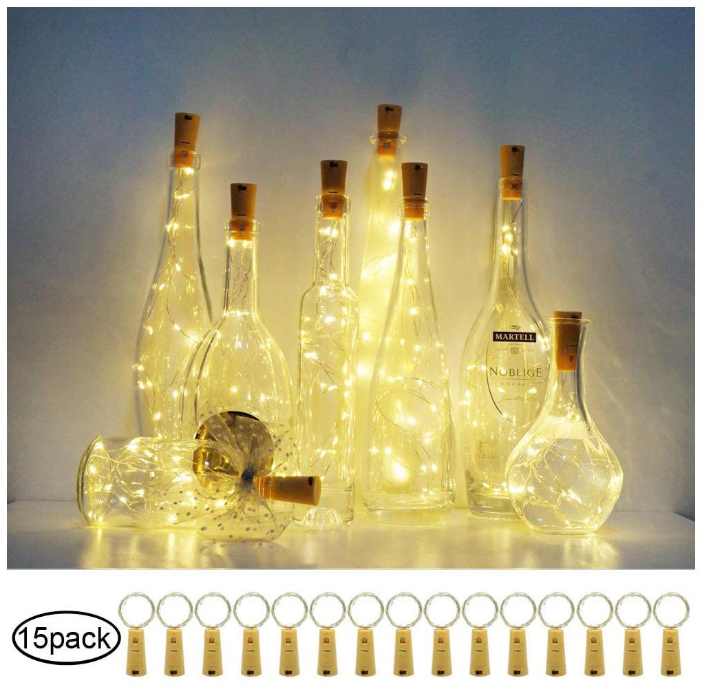 

GLOWTRONIX 15 Pack 20 LED Wine Bottle Lights with Cork Battery Operated Cork Shape Fairy Waterproof Copper Silver Wire String Lights (Warm White)