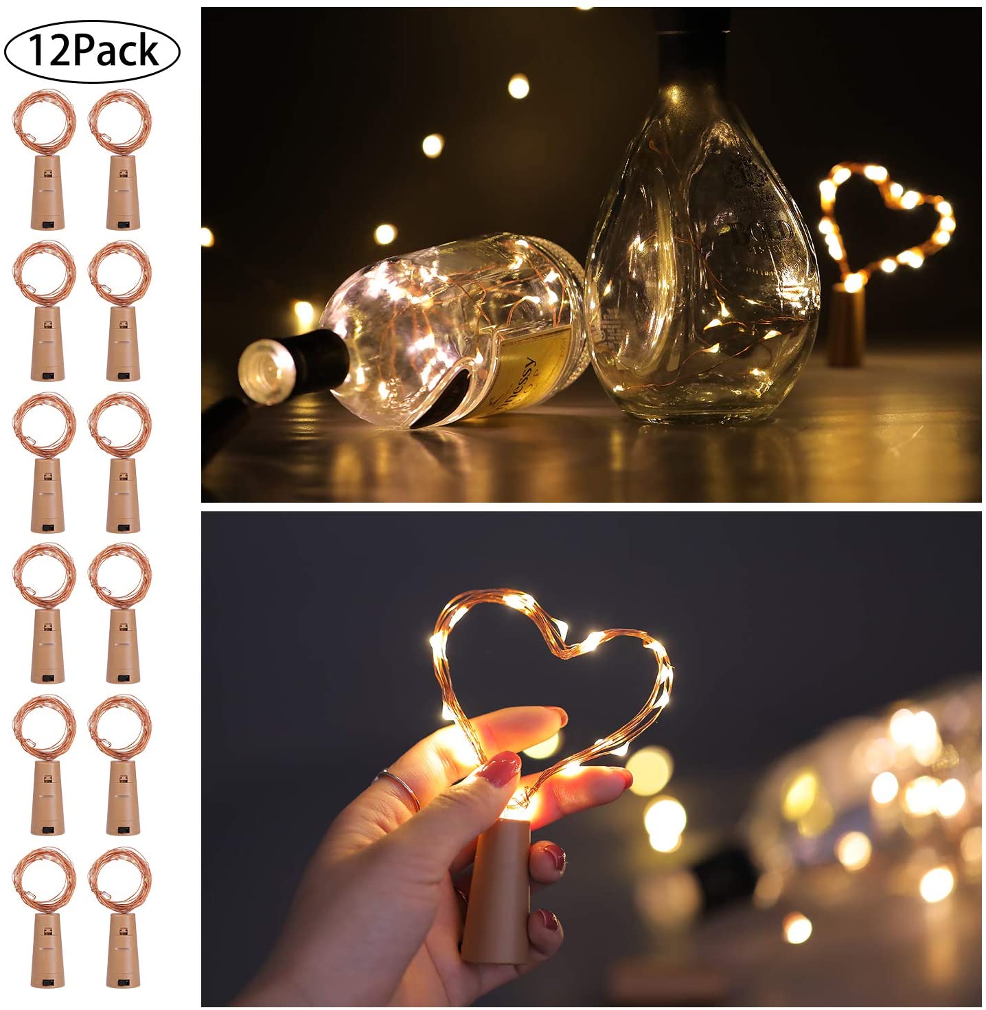 

Glowtronix Copper LED Light White Fixed 12 Pcs Warm White Wine Bottle Fairy Lights (Battery Included)