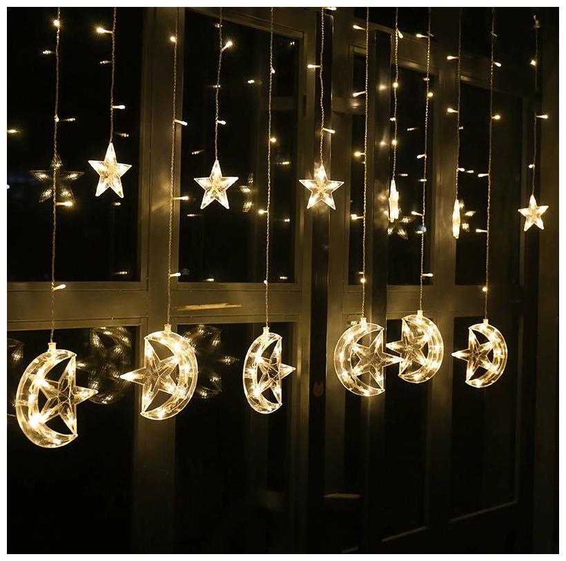 

GLOWTRONIX Led Star Moon Curtains Lights 138 Leds String Light with 8 modes Fairy Lights Christmas Garland for Home decoration Party