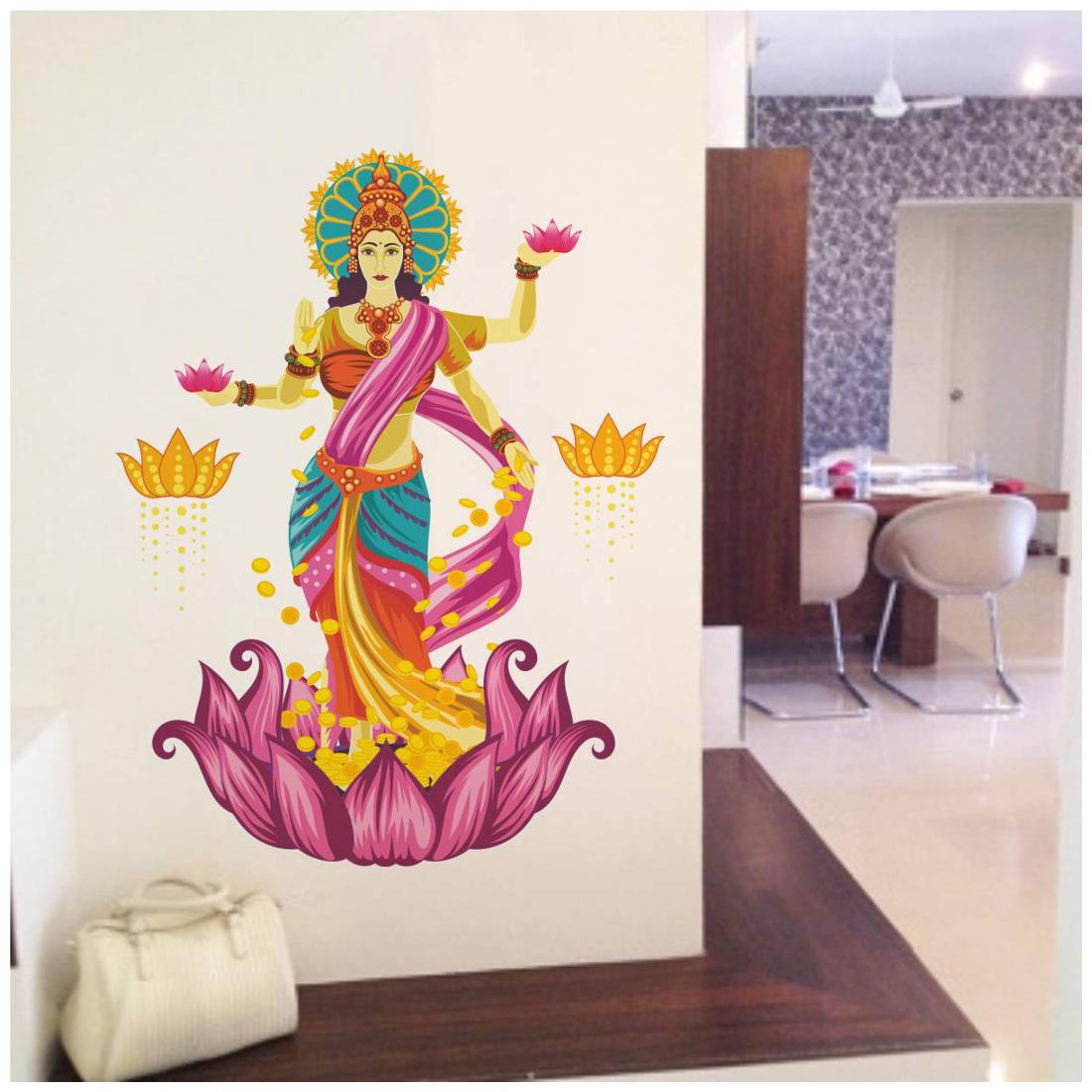 

Rawpockets Wall Stickers Goddess Lakshmi on Lotus Flower Blessing Gold