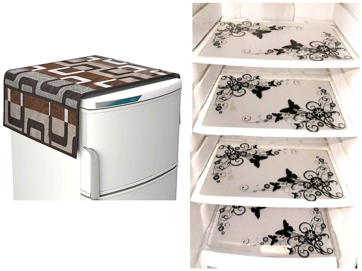 

Goel Home Decor Combo Of Decorative Fridge Top And 4 pcs Of Fridge Mats-Set Of 5