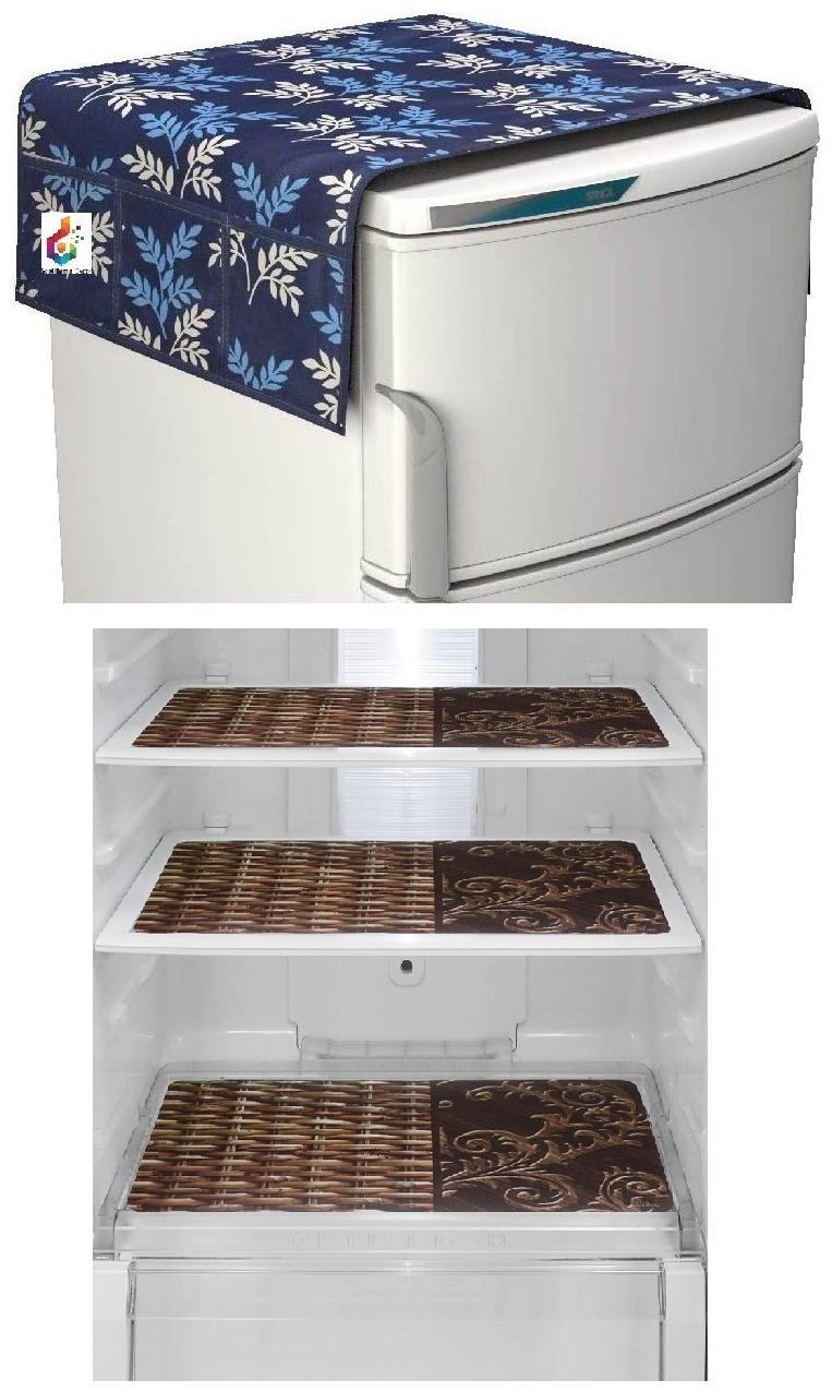 

Goel Home Decor decorative quality combo of Fridge Cover and Fridge Mats-Set of 4