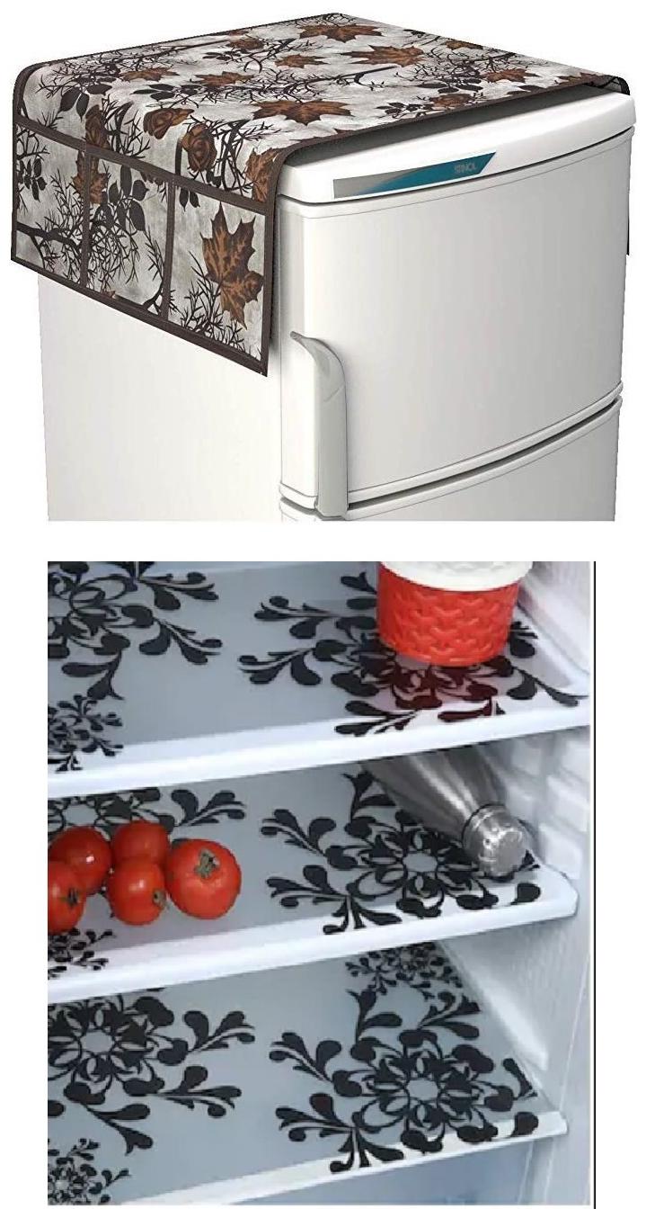 

Goel Home Decor decorative quality combo of Fridge Cover and Fridge Mats-Set of 4