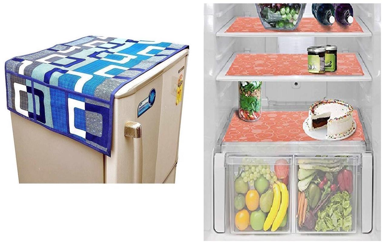 

Goel Home Decor decorative quality combo of Fridge Cover and Fridge Mats-Set of 4