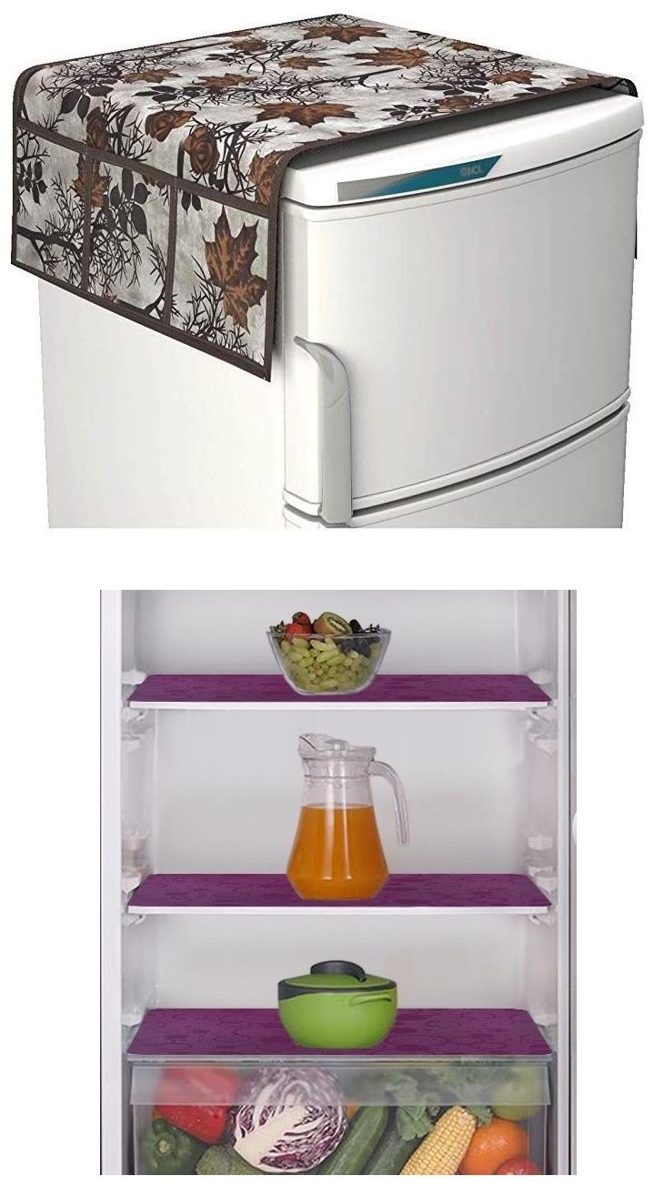 

Goel Home Decor decorative quality combo of Fridge Cover and Fridge Mats-Set of 4