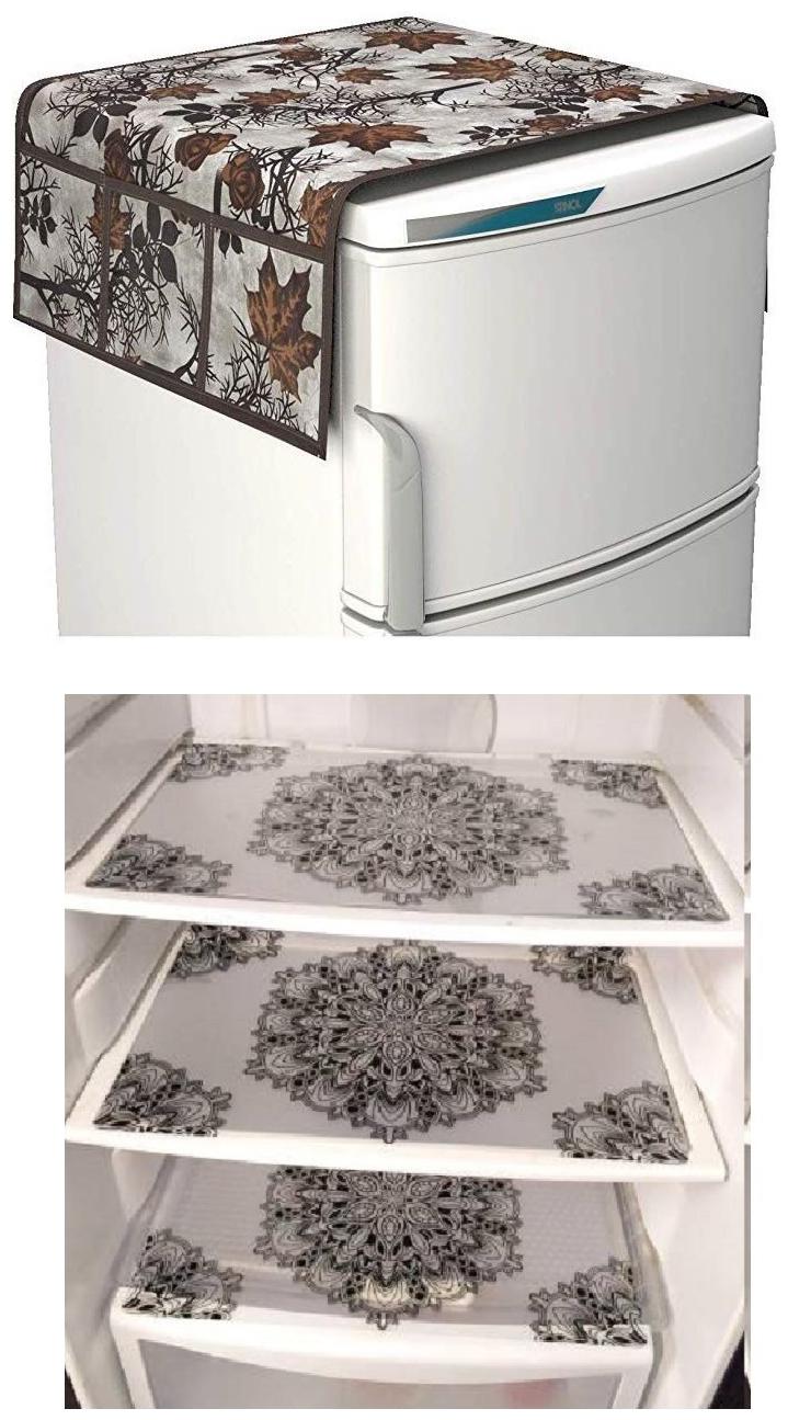 

Goel Home Decor decorative quality combo of Fridge Cover and Fridge Mats-Set of 4