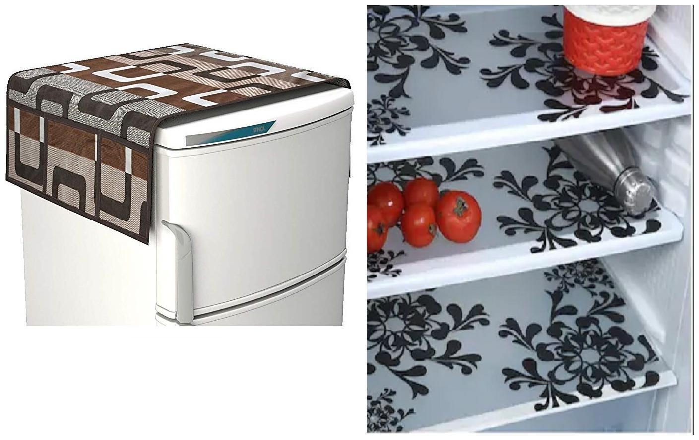 

Goel Home Decor decorative quality combo of Fridge Cover and Fridge Mats-Set of 4