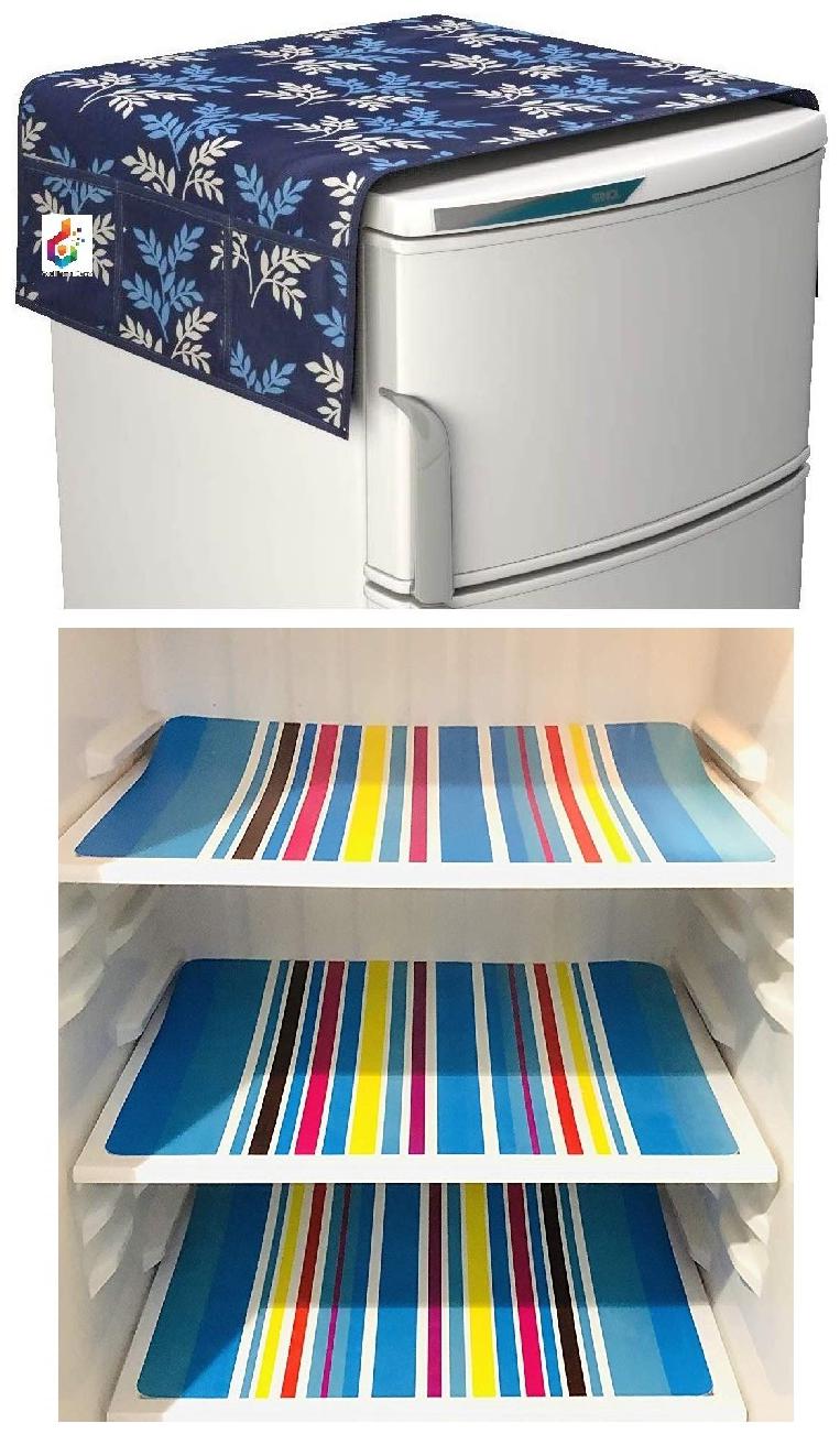 

Goel Home Decor decorative quality combo of Fridge Cover and Fridge Mats-Set of 4