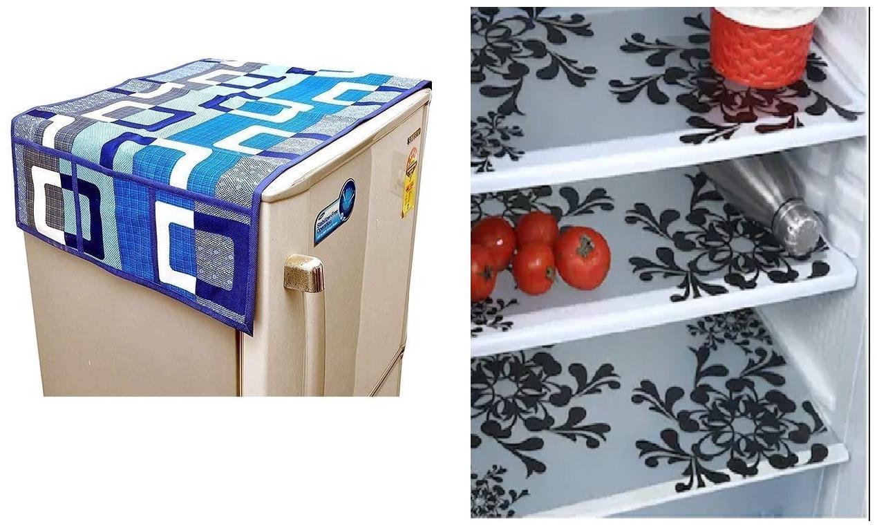 

Goel Home Decor decorative quality combo of Fridge Cover and Fridge Mats-Set of 4